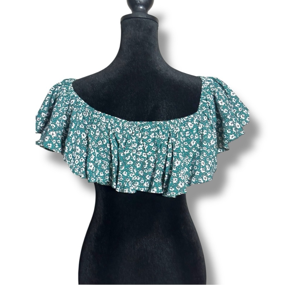 Indigo Child Teal and White Ditsy Floral Print Ruffled Off Shoulder Crop Top - Picture 6 of 16